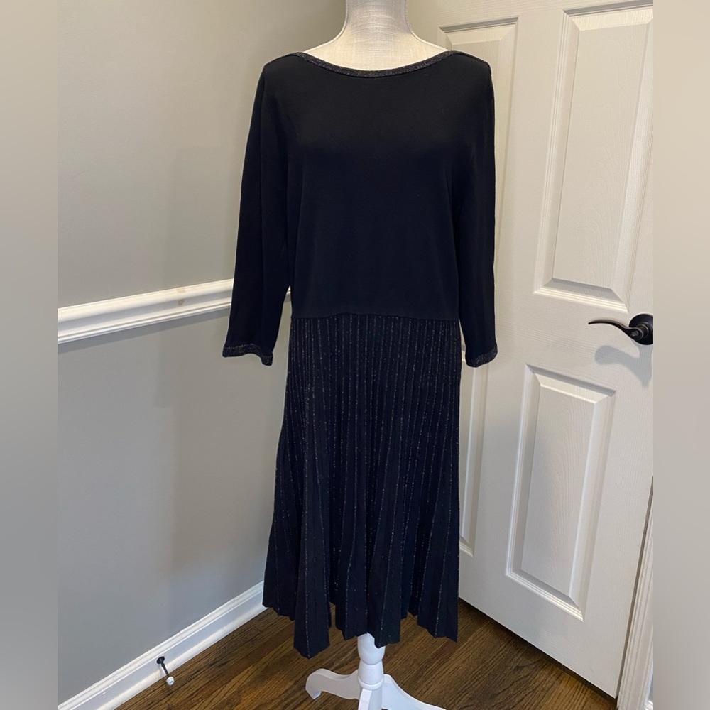 Ann Taylor Sweater Dress Black Sparkle Detail Pleated Bottom 3/4 Sleeve XL NWT